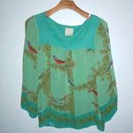 Vanessa Virginia 4 Silk Birds Long Sleeved Square Neck Top Green Photo 0