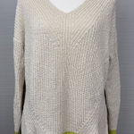 Madewell Cream Cable Knit V-neck Pullover Sweater Lime Green Trim Cuffs Hem S Photo 0