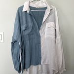 Chic Soul rayon blue white colorblock long sleeved button down top women size 2X Photo 0
