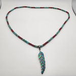 Handmade Sterling Silver & Opal Feather On A Turquoise & Coral Heishi Beads Necklace Photo 0