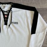 PINK - Victoria's Secret VS Pink Lace Up Varsity Crew Sweatshirt Womens M Oversized White Black Rose Logo Photo 2