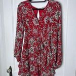 Entro  Women's Mini Long Sleeve Red Floral Western Tie Waist Ruffle Dress Medium Photo 0