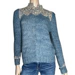 Vintage Women’s Size S Blue Wool Hand Knit White Boucle Zip Up Sweater Cardigan Photo 1