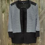 Ming Wang EUC  Open Front Sweater Top Black White Stripe Faux Leather Trim Medium Photo 1
