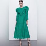 ZARA  Broderie Anglaise Cutwork Embroidered Eyelet Ruffle‎ Midi Dress Green Sz XS Photo 7