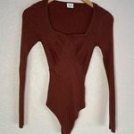 Abercrombie & Fitch A&F Ribbed Dark Brown Bodysuit Square Neck Thong Neutral Minimalist Long Sleeve Photo 0