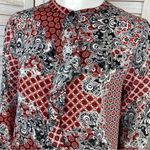 Ellen Tracy Multi Print Ruffle Front Blouse Small Red Black 3/4 Button Photo 6
