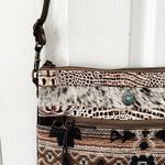 Myra Junoesque Brown Taupe Cream Mixed Media Stitched Crossbody Messenger Bag Photo 4