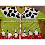 VTG Berek Cow Print Cardigan Sweater Floral Appliqué Farm Art to Wear Teacher XL Green Photo 6