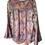 Mystree Boho Silky Satiny Pattern Print Bell Sleeve Blouse Size Small Photo 1