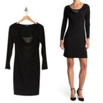 Marina Dress Women's Size 10 Black Silver Bead Studded Jersey Long Sleeve Mini Photo 1