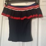 Bershka  | Off Shoulder Flutter Top XS Navy Blue Red Ribbed Shirt Photo 4