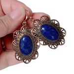 Frame Barse Thai Oval Drop Dangle Earrings Lapis Lazuli Bronze  & Hook Marked 925 Photo 0