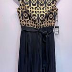 Adrianna Papell Black Dress with Gold Appliqué Bodice Pleated Mesh Overlay Skirt Photo 5