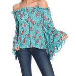 Panhandle Western Boho Peasant Blouse Top Shirt Turquoise Floral S Off-Shoulder Photo 0