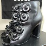 Chanel Lambskin Black Camellia Floral Leather Ankle Dressy Heel Boots Size 36.5 Photo 2