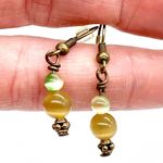 Handmade  Beaded Drop Earrings Green & Amber Glass Beads Antiqued Bronze Hooks Photo 6