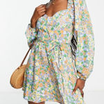 ASOS  Dress Womens 12 Mini Floral Milkmaid Corset Long Puff Sleeve Tie Romantic Photo 0