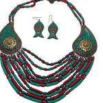 Red Turquoise Resin Bead Brass Necklace Fish Dangle Earrings Tribal Ethnic 20" Photo 0