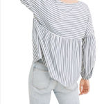 Madewell Women's Medium Blue White Viscose Striped Monterey Flowy Top V-Neck Photo 0