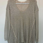Rebecca Taylor Tan Silver Chunky Knit Cotton Crochet Crew Pullover Top Small Photo 0