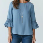 J Jill L Denim Bell Sleeve Chambray Top Lightweight Tencel Boho Minimalist Blue Size L Photo 0