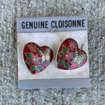 Vintage Cloisonné heart earrings Red Butterfly Floral Gold tones Photo 0