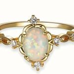 Iridescent Oval Cut Opal & Sparkling Cubic Zirconia Ring Size 7 Gold Photo 0