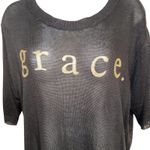 Andthewhy LA Black Lightweight Mesh Knit Grace Graphic Top S/S NWT M/L Photo 2