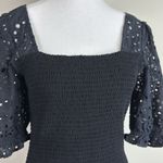 INC International Concepts Smocked Eyelet Puff Sleeve Square Neck Blouse Sz Sml‎ Black Photo 1
