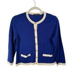 Samantha Sung Blue Cream Cardigan Crop Sweater 100% Wool Preppy Womens Medium Photo 0