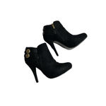 Guess Chic Black Stiletto Suede Leather Ankle Booties Gold Button Detail Size 6M Photo 3