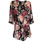 Lulus NWT, Floral Plunging Neck Bell Sleeve Romper Black Purple Pink, Sz L Photo 4