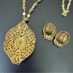 Vintage West Germany Signed Hematite Gold Filigree Necklace & Clip Earrings Set Black Photo 7