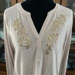 Akemi + Kin Anthropologie  Beaded Henley Top Beige Long Sleeve Photo 2