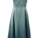 Vintage 90s Satin Gown Fit & Flare Floral Lace Bodice Bow Back Mint Green Blue 4 Photo 0