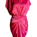 DO+BE | Pink Satin Tie Waist Short Sleeve Shirt Party Dress Draped Mini Medium Photo 0