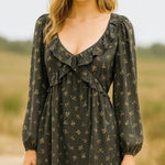 American Eagle  SZ Large Ditsy Black Floral Dress Purple Ruffle Bell Sleeves Boho Photo 0