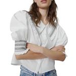 ZARA Puff Sleeve Sailor Collar Smocked Poplin Blouse Cotton White Women Size XS Photo 0