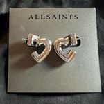 ALL SAINTS Small Silver Heart Huggie Hoop Chic Earrings Dust Bag Included Photo 0