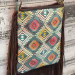 Aztec print with fringe crossbody purse with adj strap leather USA made Brown Photo 5