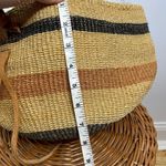 Vintage Handmade‎ Sisal Woven Leather Strap Market Tote Round Bag Tan Black Tan Photo 6