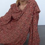ZARA NEW Red Floral Printed Button Ruffle Shoulder Long Sleeve Mini Dress SZ XS Photo 6