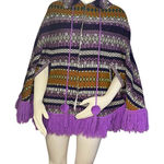 VINTAGE Poncho Full Zip Arm Holes Collar Purple Print Fringe Pom Poms One Size Size undefined Photo 0