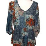 Umgee  USA Size Medium M Sheer Flowy Blouse Long Half Sleeve Print Dark Colors Photo 0