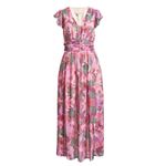 CIEBON Jennsen Ruched Flutter Sleeve Maxi Dress In Pink Size Small Floral Photo 7