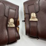 Coach Sondra Brown Leather Heeled Ankle Boot with Gold Logo Buckle Strap Photo 6