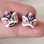 Colorful Chinese Lion lucky blue stud Dragon Mask Earrings cute small gift new Photo 4