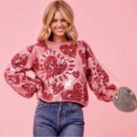 Farm Rio  Pink Hearts Sequin Sweater Size Large Pink Red Valentines Day Heart Photo 1