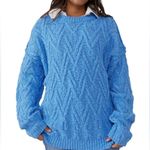 Free People NEW  Isla Cable Knit Oversized Sweater, Marine Blue Size L Photo 10